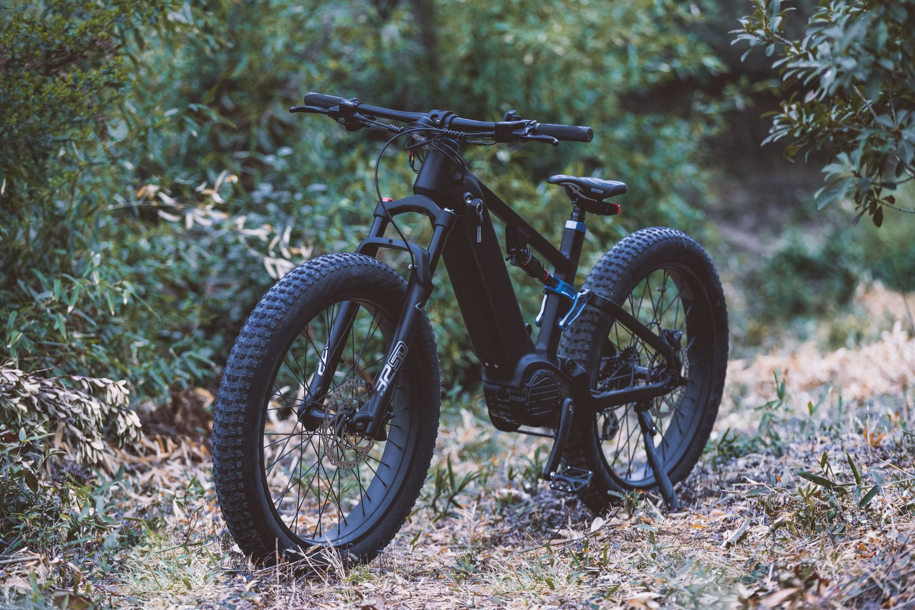 A modern black electric bicycle with thick tires standing amidst a lush green forest.