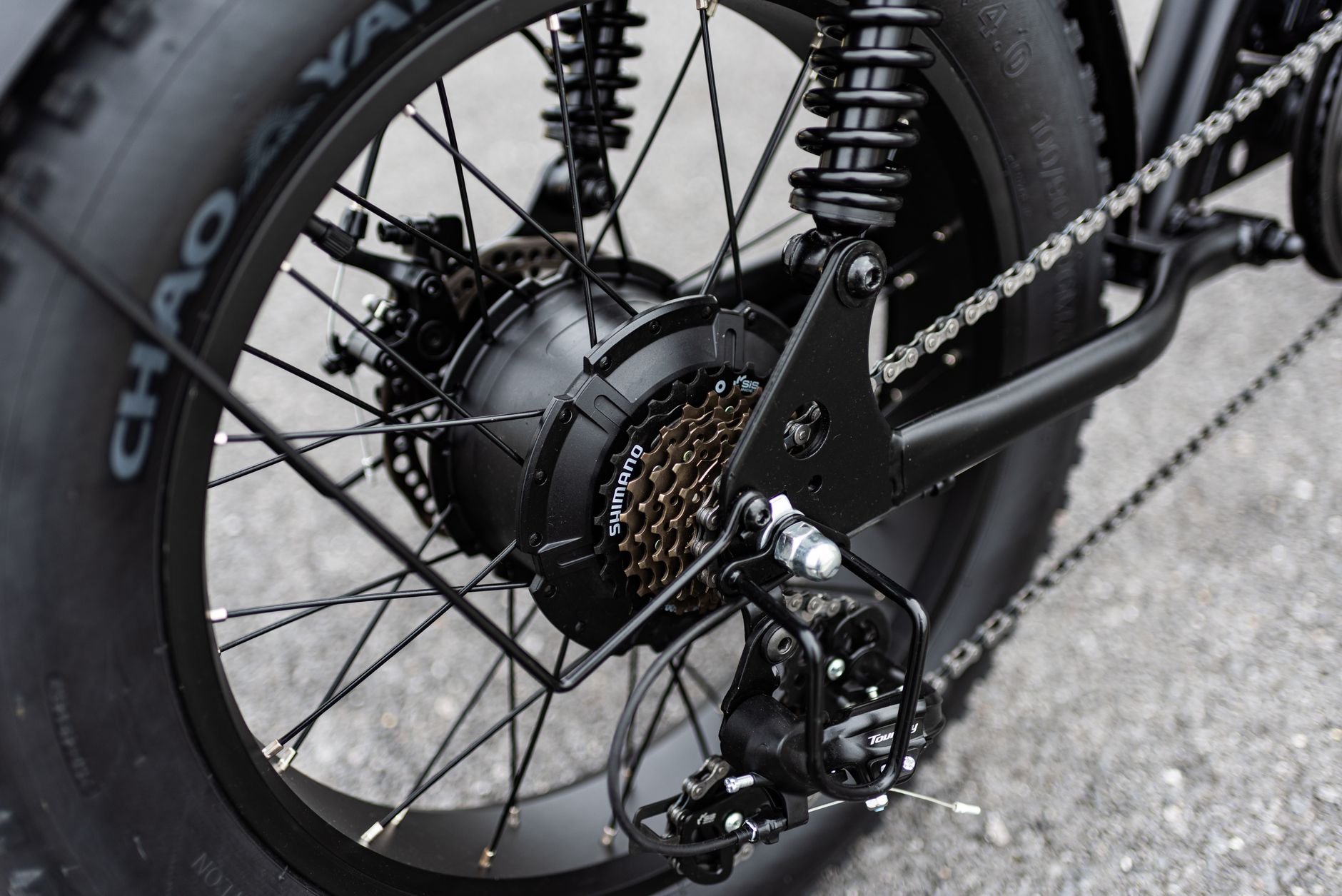 Detailed view of an electric bicycle's drivetrain showcasing gear and motor mechanics.