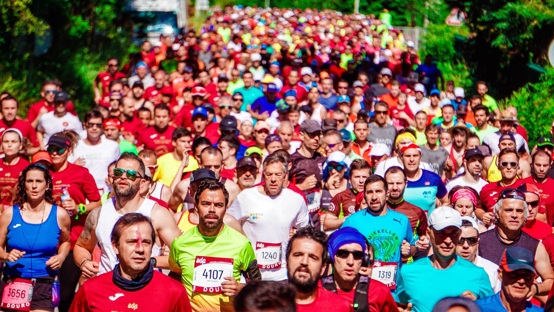 A large group of diverse marathon runners competing in a vibrant outdoor race.