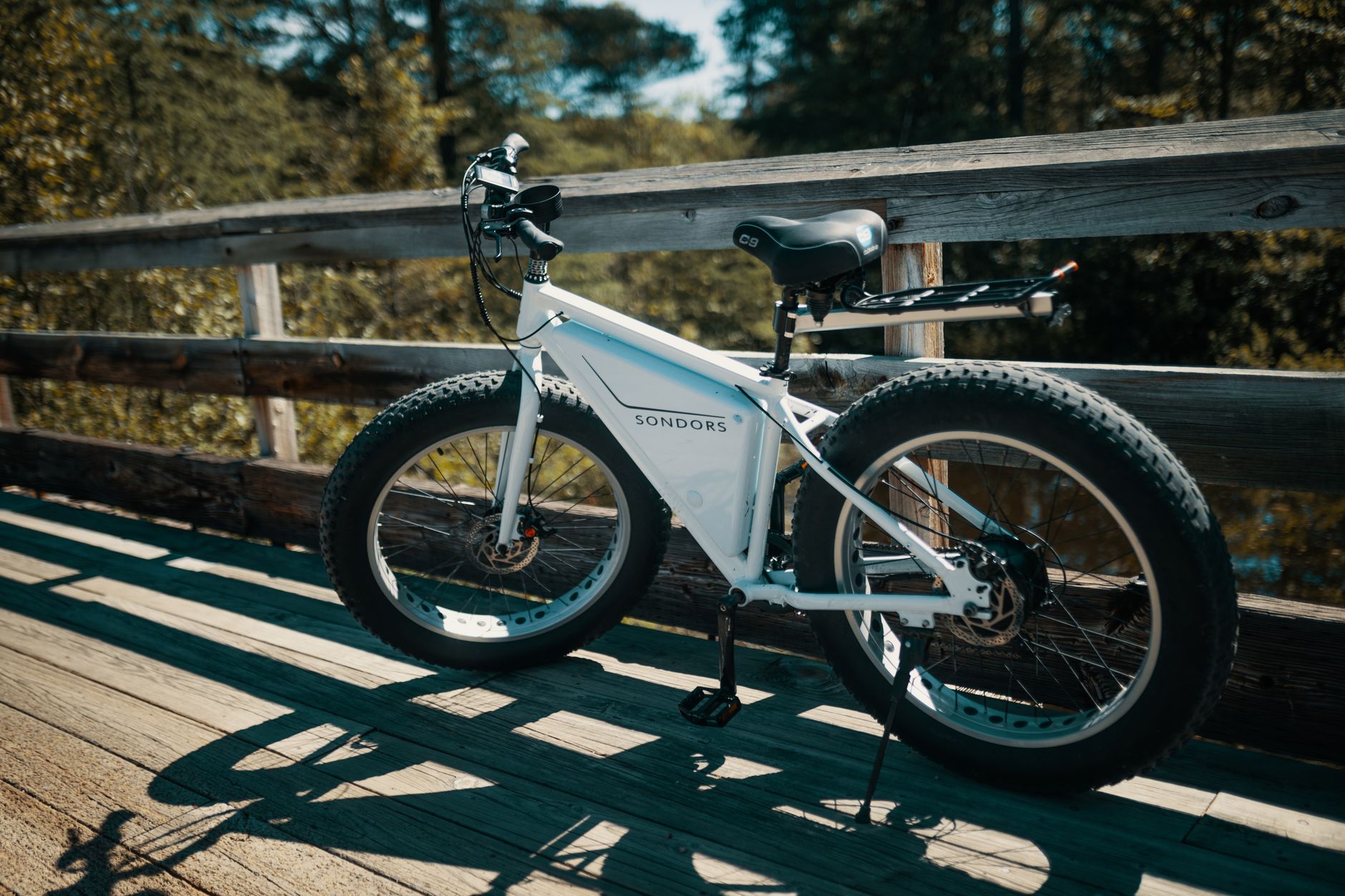 Sleek modern electric mountain bike parked on a wooden bridge amidst nature.